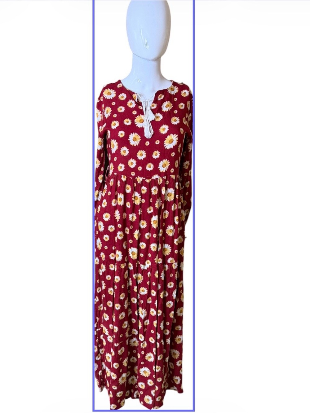 Women’s Red Daisy Print Long Sleeve Maxi Dress